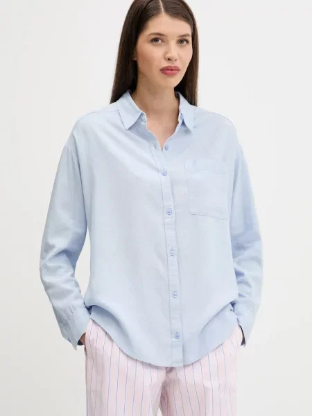 Ленена риза Hollister Co. дамска със свободна кройка с класическа яка синьо