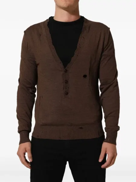 Sweter Dolce And Gabbana z przetarciami z dekoltem w serek brązowy