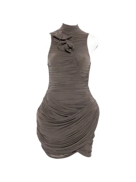 Mała sukienka mini Magda Butrym z falbankami garniturowa brązowa