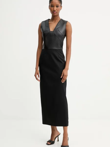 BOSS sukienka z domieszką wełny maxi prosta czarny