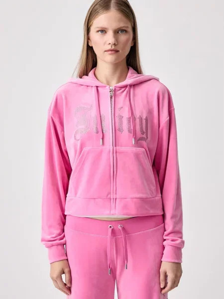 Juicy Couture bluza rozpinana z kapturem welurowa OLD GOTHIC ICCLE różowa