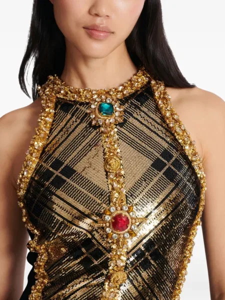 Кариран костюм сукман Balmain без ръкави златисто