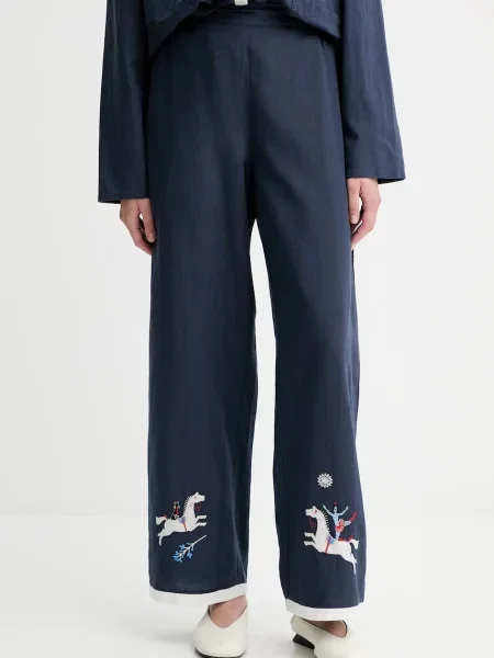 The Sleeper pantaloni din amestec de in bleumarin drept high waist