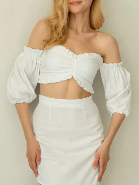 Лляний Топ Shape of Angel з відкритими плечима та рюшами білий