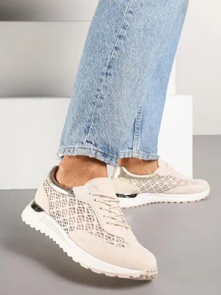 Ażurowe Sneakersy na Podeszwie z Metaliczną Wstawką Neomira beżowe
