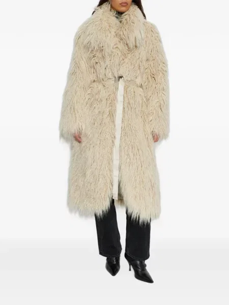 Cu centură palton de blană Off-white cu blană alb