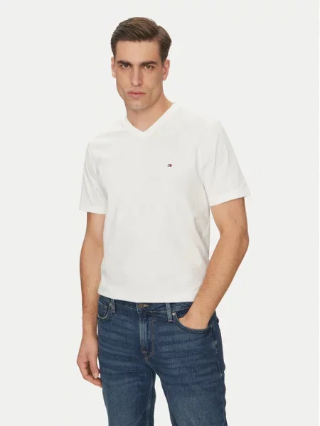 Tričko Tommy Hilfiger s výstřihem do v bílé