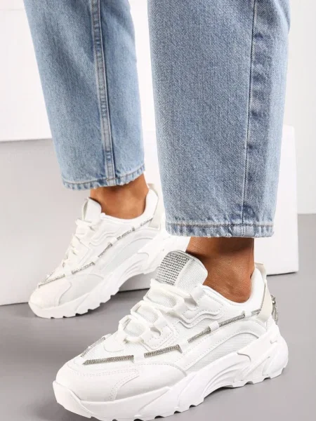 Sneakers Albi cu Șiret Ornamental cu Pietre Strass Saerina alb