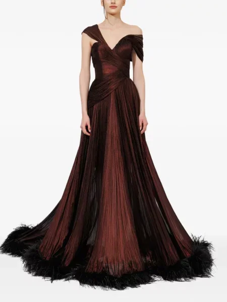 Rochie maxi Iris Serban cu pene maro