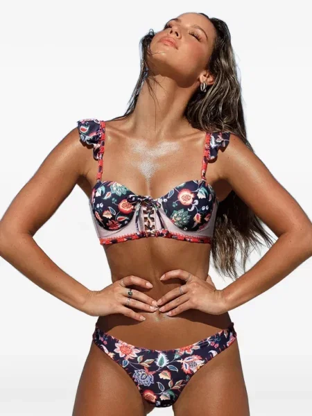 Bikini Del Maar cu model floral cu imagine albastru