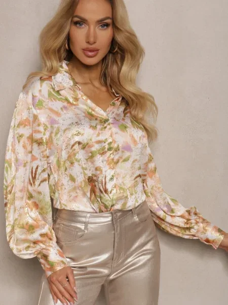 Cămașă Bej-Verde cu și Imprimeu cu Strălucire Metalică Crimalia bej