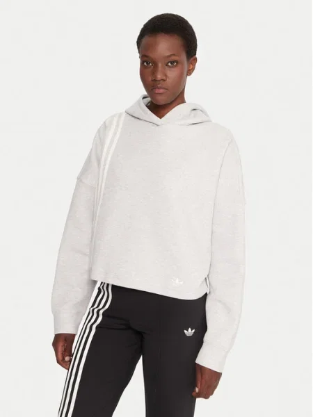Суичър с качулка Adidas на райета с качулка с принт сиво
