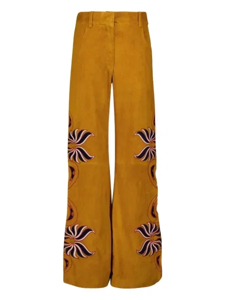 Pantaloni Paula cu broderie din piele de căprioară maro