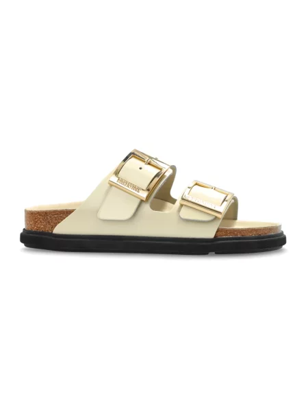 Klapki Birkenstock skórzane na sprzączkę beżowe