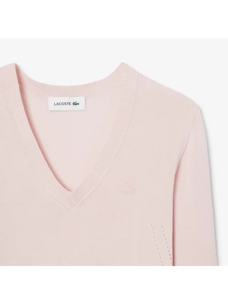 Lacoste Bezszwowy Sweter Z Dzianiny Z Dekoltem W Serek różowy