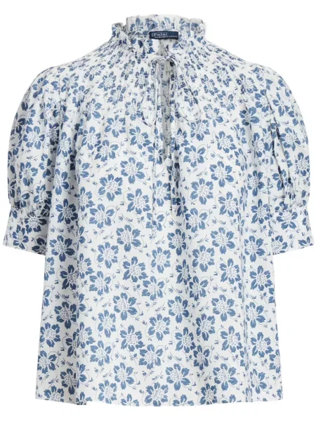 Plisirana satenska polo majica Polo Ralph Lauren s vezom plava