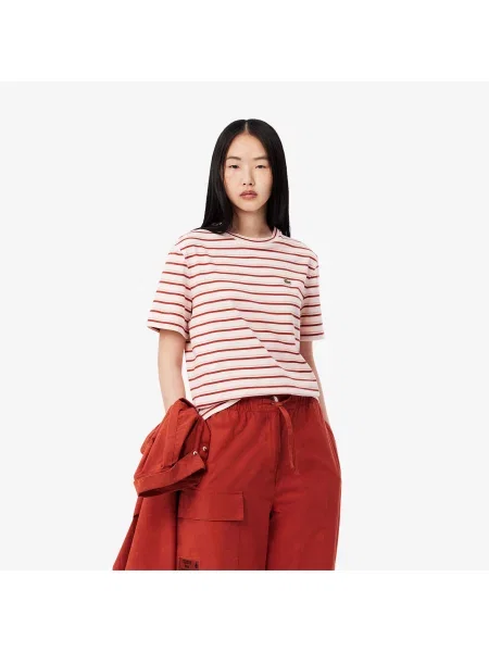 Lacoste T-Shirt Z Okrągłym Dekoltem W Paski Regular Fit beżowy