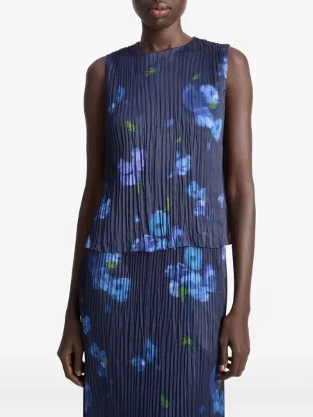 Top Vince cu model floral cu imagine plisat albastru