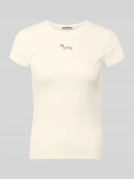 T-shirt z haftowanym motywem i dekoltem w kształcie litery O Review biała