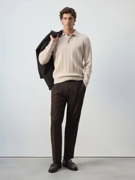 Sweter polo z dzianiny z teksturą lodowy Mężczyzna S MANGO MAN szary