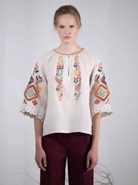 Лляна Вишита сорочка Едельвіка бежевий