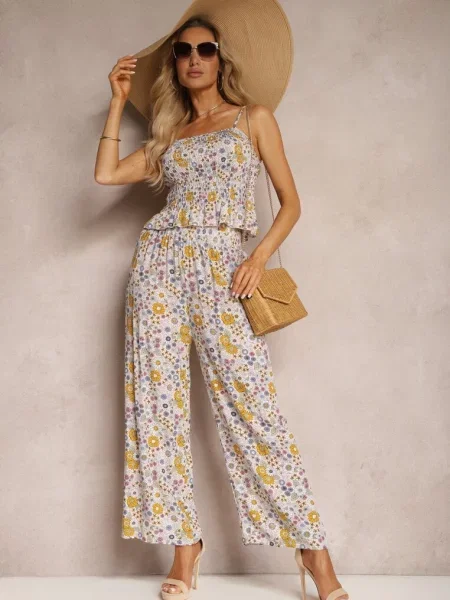 Komplet z Bawełny Marszczony Top na Ramiączkach Szerokie Spodnie z Gumką w Talii Elary beżowy