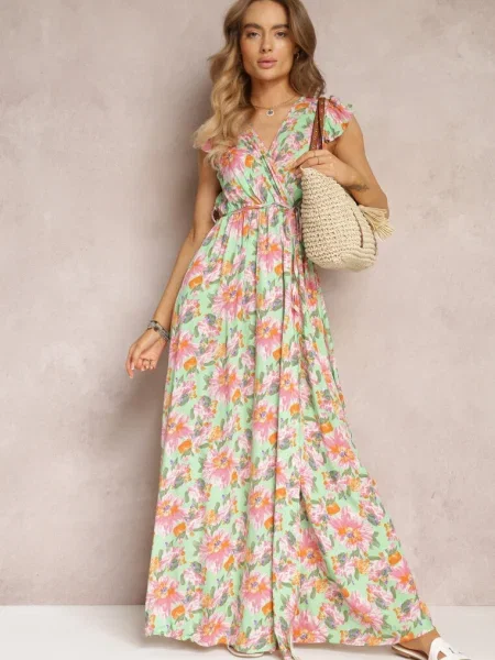 Rochie Deschis Imprimată Floral Toma verde