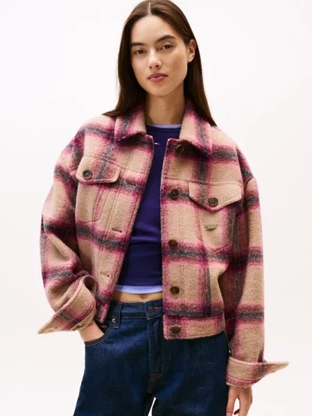 Tommy Jeans kurtka wełniana Kobiety Wełna lila|beżowy w kratkę S beżowa