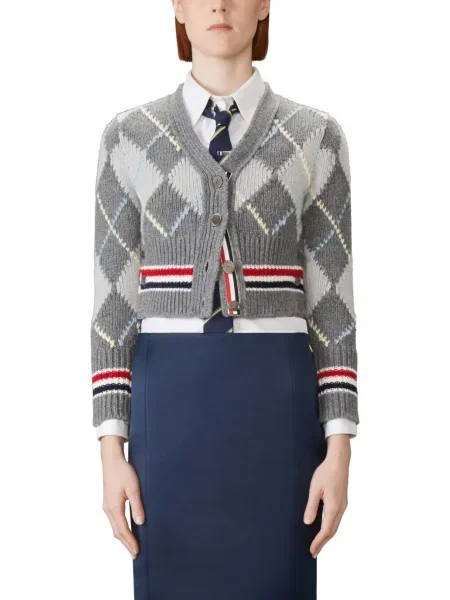 Cardigan Thom Browne cu decolteu în V cu model argyle gri