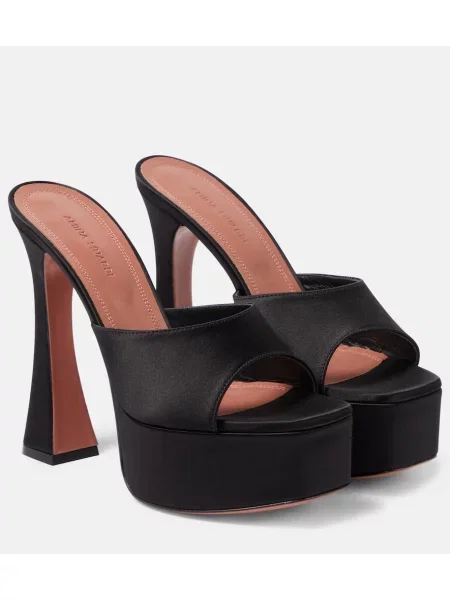 Papuci tip mules Amina Muaddi din satin cu platformă negru