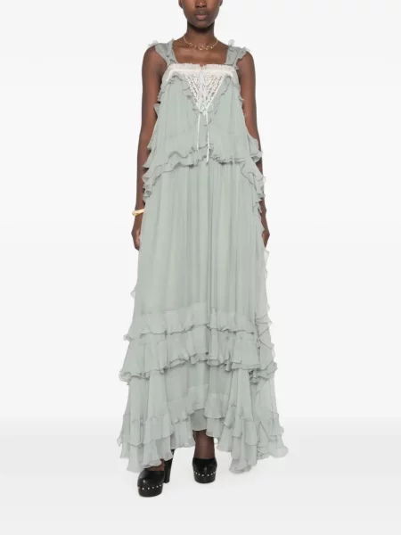 Rochie maxi Chloé de mătase cu volane verde