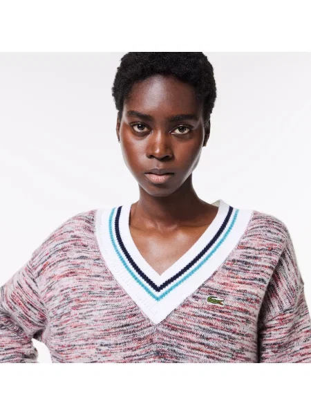 Lacoste Sweter Z Wełny Alpaki Z Dekoltem W Serek I W Kontrastowe Paski