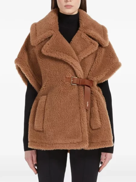 Cu centură geacă Max Mara din piele de oaie maro