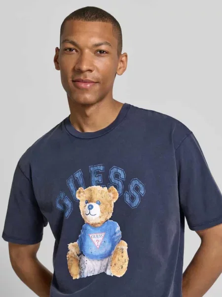 T-shirt z nadrukiem z motywem i okrągłym dekoltem Guess niebieska
