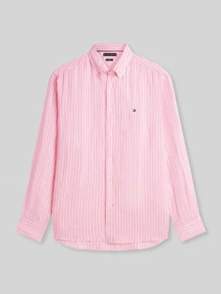Lniana koszula Tommy Hilfiger w paski różowa