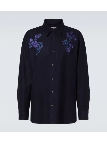 Cămașă Dries Van Noten cu broderie de lână albastru