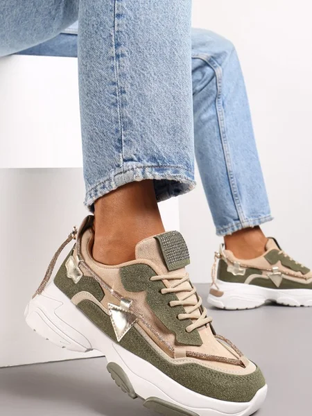 Beżowo-Zielone Sneakersy z Cyrkoniami na Grubej Podeszwie Leinov beżowe
