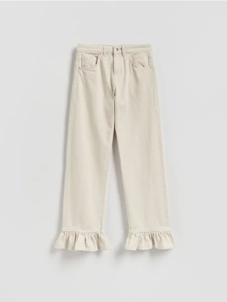 Reserved Jeansy wide leg z falbankami kremowy