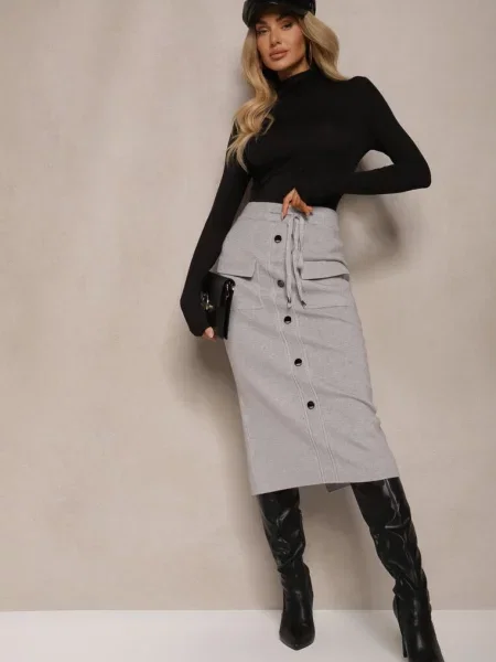 Jasnoszara Spódnica Ołówkowa z Kaszmirem High Waist z Ozdobnymi i Edithwen szara