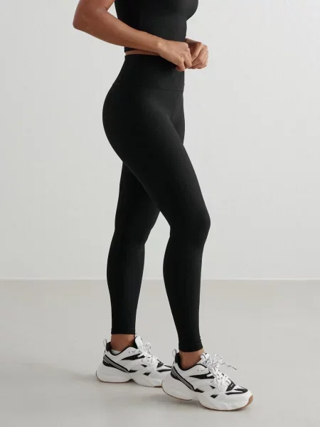 Legginsy szybkoschnące wysoki stan kieszonka Ribbed Performance czarne