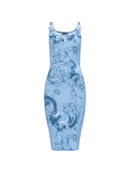 Sukienka jeansowa Versace Jeans Couture z nadrukiem na sprzączkę niebieska