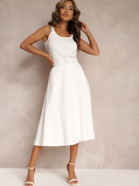 Fustă Trapez Midi Cloșată cu Cataramă din Marydevi alb