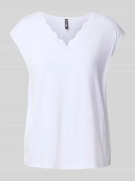 T-shirt o luźnym kroju z obszyciem koronką model ‘KAMALA’ Pieces biała