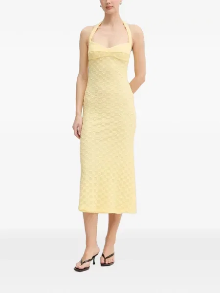 Rochie midi Bardot cu model floral din dantelă cu gât halter galben