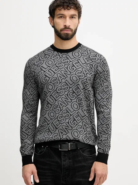 Пуловер с коприна Guess JARROD мъжки сиво