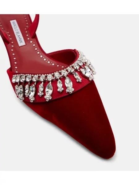 Pantofi cu toc Manolo Blahnik de catifea slingback roșu